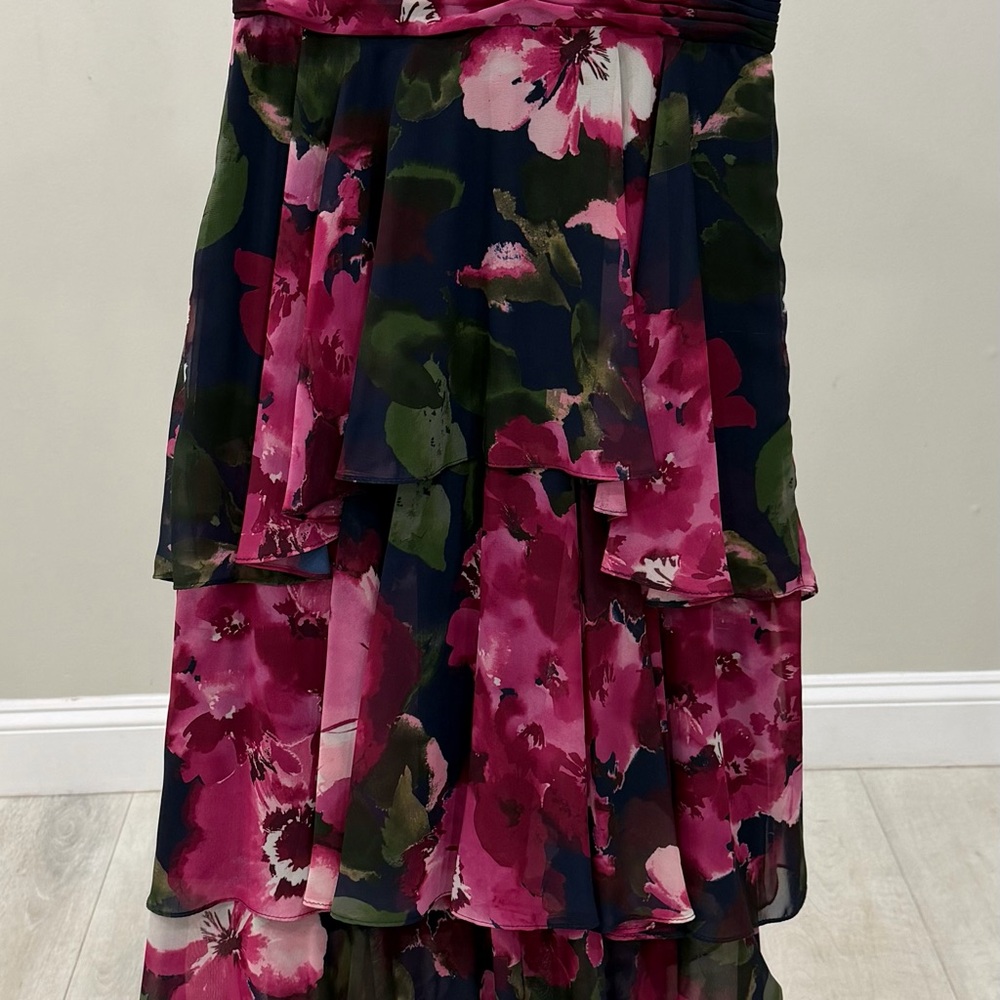 Xscape Asymmetrical Floral Dress in Pink and Green